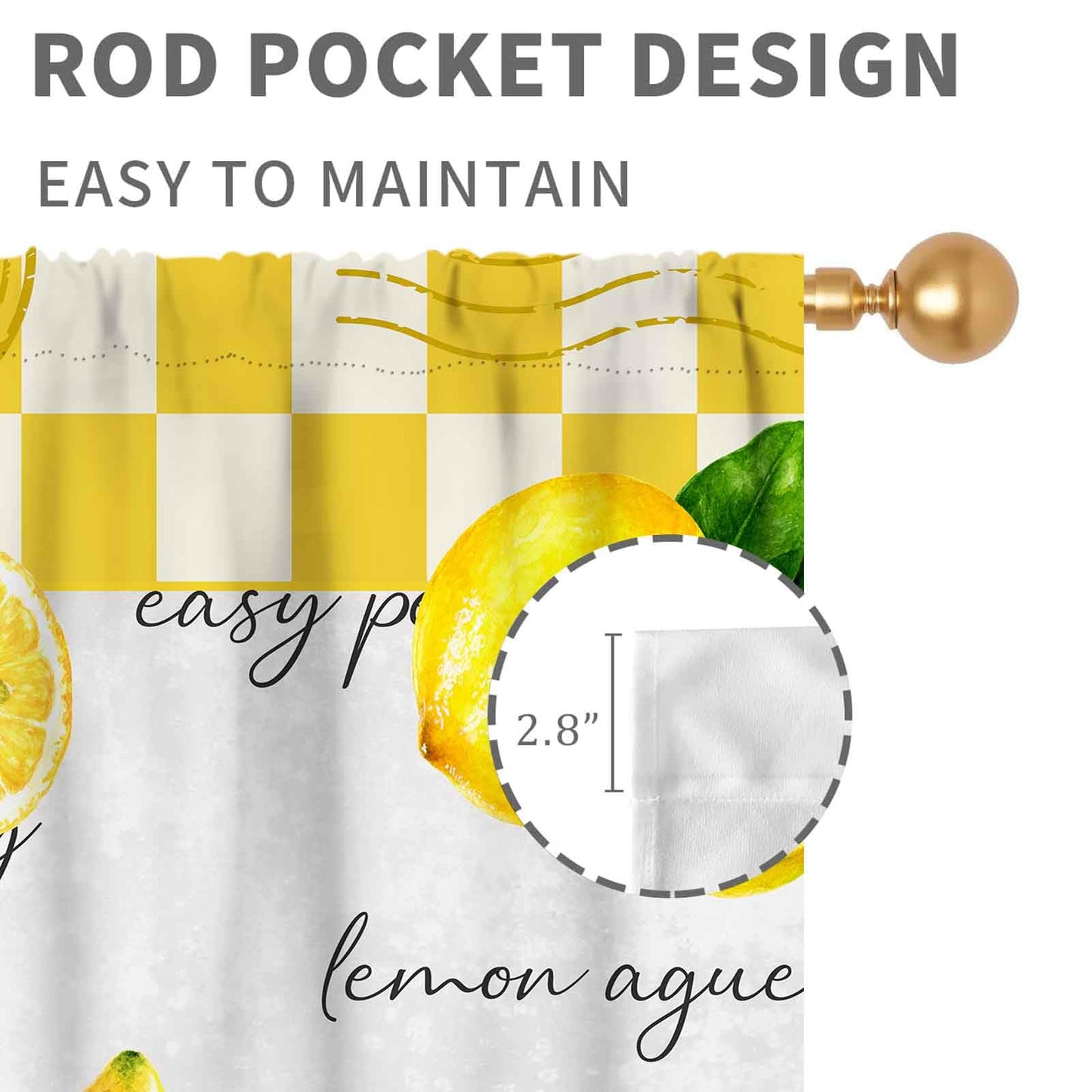 TKUYO Yellow Lemon Kitchen Curtains, Vintage Retro Summer Spring Seasonal Fruit Yellow Checkered Window Drapes Treatments for Living Room Bedroom Bathroom Cafe 2 Panels, 63"x72" Inch