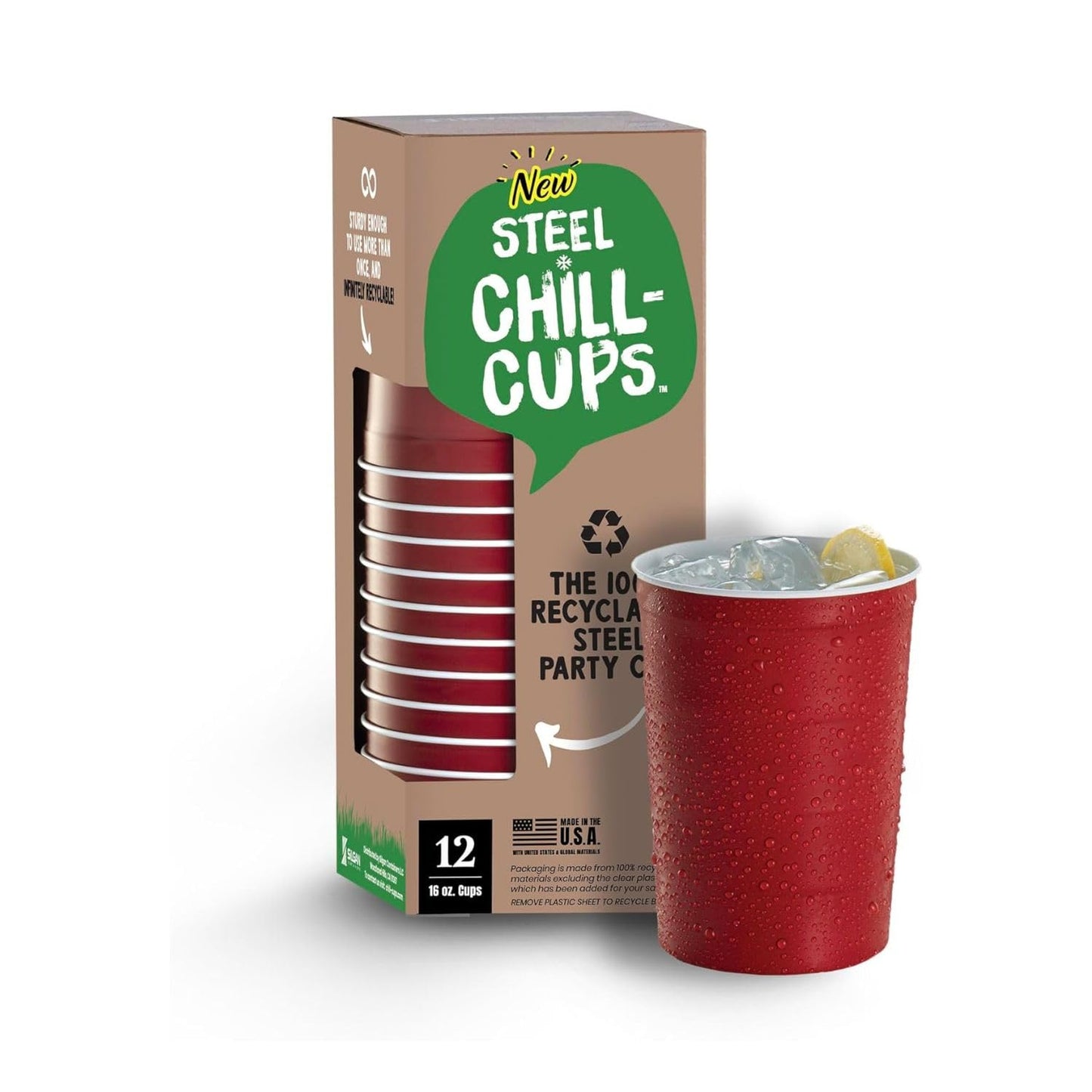Steel Chill Cups 16 oz. Party Cups, Perfect for Cold Drinks, Sturdy & Durable, Disposable and 100% Recyclable, Made in USA, Red, 12 Count