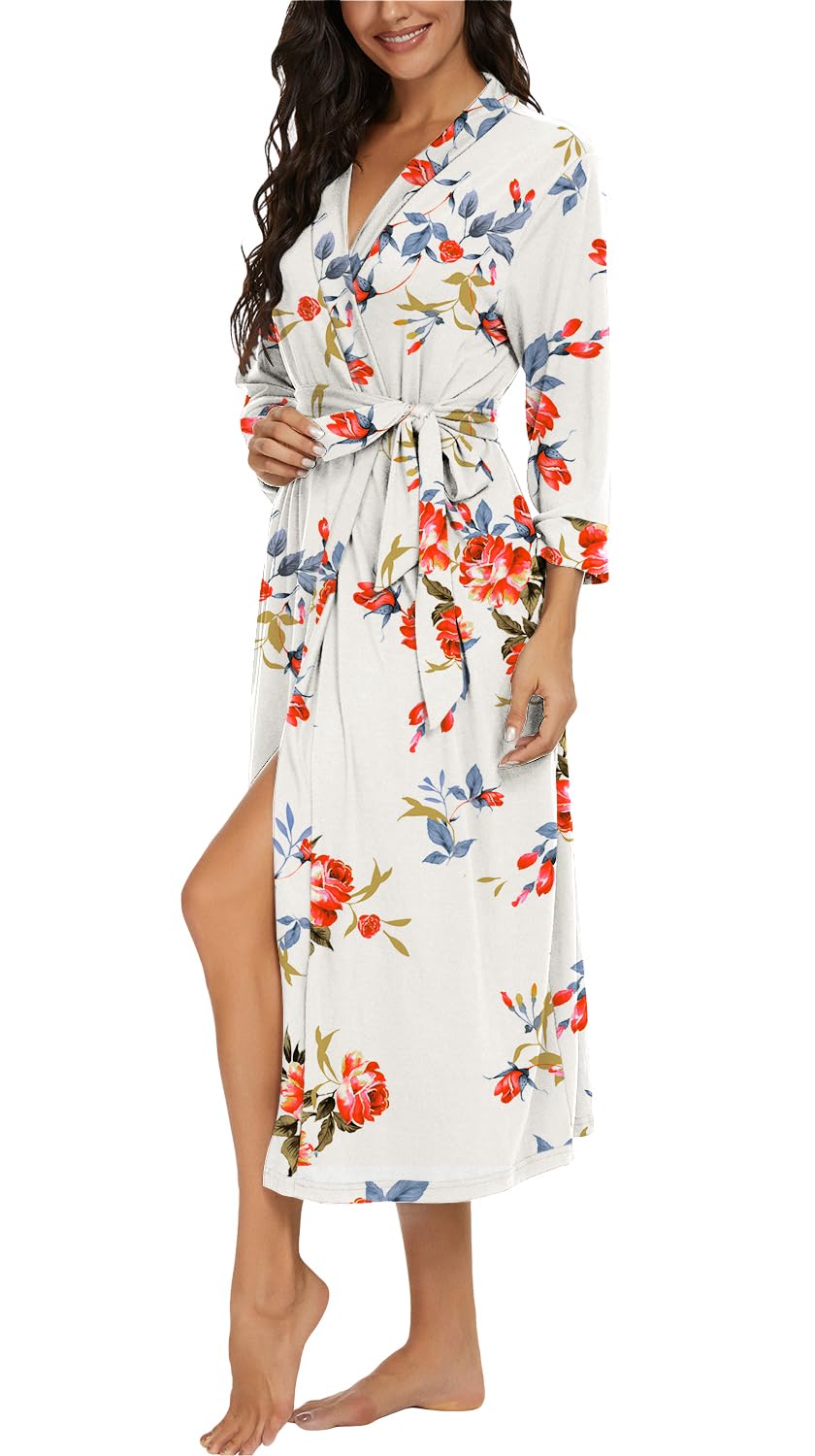 VINTATRE Women Kimono Robes Long Knit Bathrobe Lightweight Soft Knit Sleepwear V-neck Casual Ladies Loungewear FP-White-X-Large