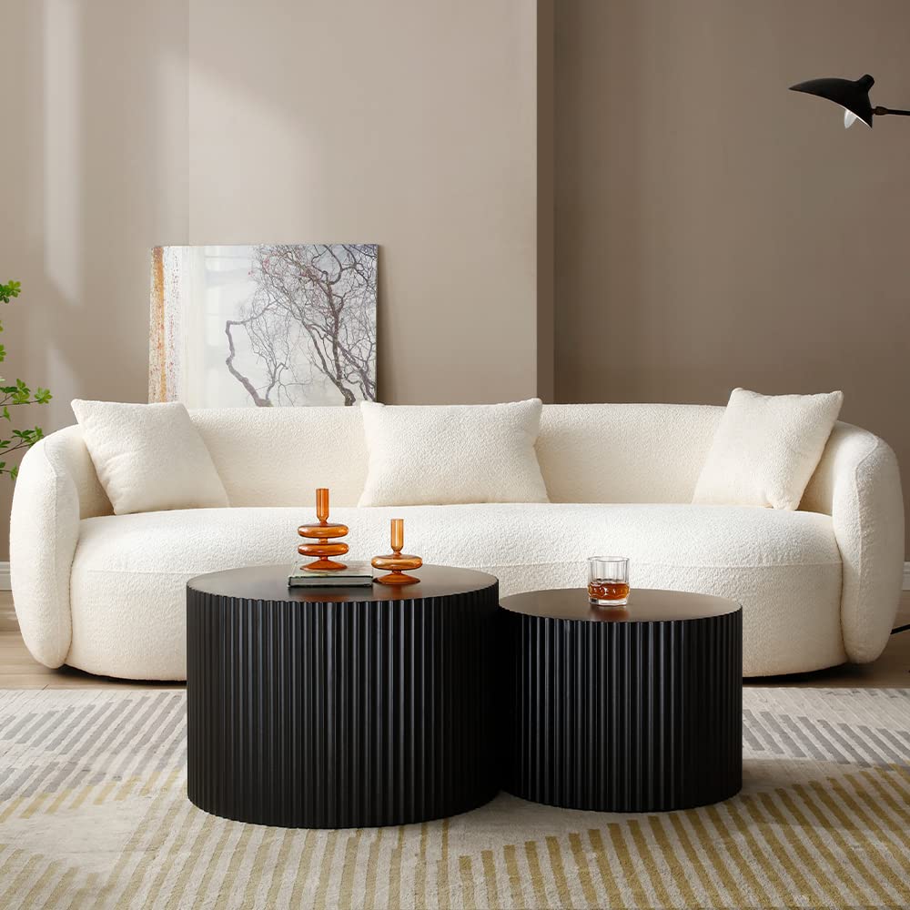 WILLIAMSPACE Black Round Coffee Table Set of 2, Nesting Coffee Tables for Living Room, Modern Wooden Side Tables Accent End Table for Apartment, No Need Assembly (Black-Round)