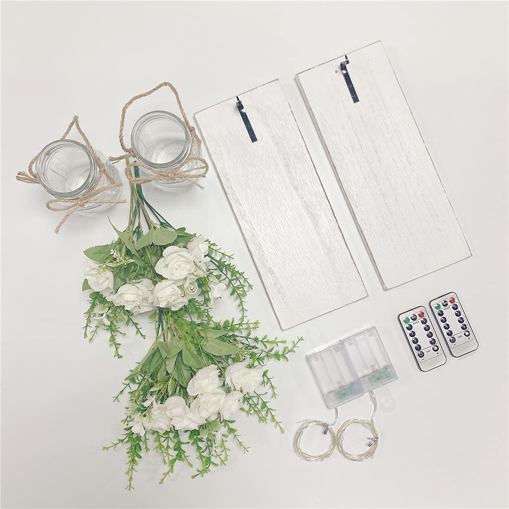 YI LIGHTING Set of 2 Rustic Wall Sconces - Mason Jars Sconce, Rustic Home Decor, Wrought Iron Hooks with LED Fairy Lights for Home Decoration Gift (White)