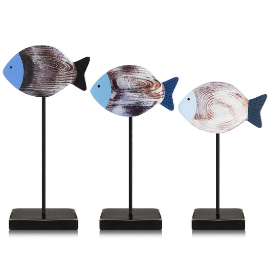 Yuntau 3 Pcs Wooden Sea Fish Table Decor Beach House Decor Rustic Wood Fish Decor Summer Coastal Farmhouse Decor Ocean Tiered Tray Decor for Home Office Bedroom Table Shelf Desk