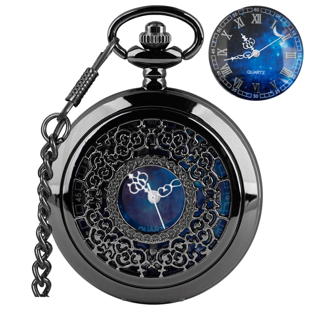 Tiong Exquise Starry Blue Hollow Case Quartz Pocket Watch Roman Numerals Retro Watches Souvenir Gift for Men Women