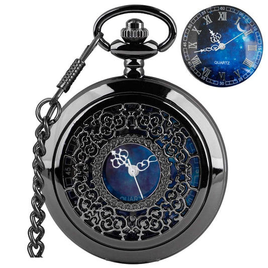 Tiong Exquise Starry Blue Hollow Case Quartz Pocket Watch Roman Numerals Retro Watches Souvenir Gift for Men Women