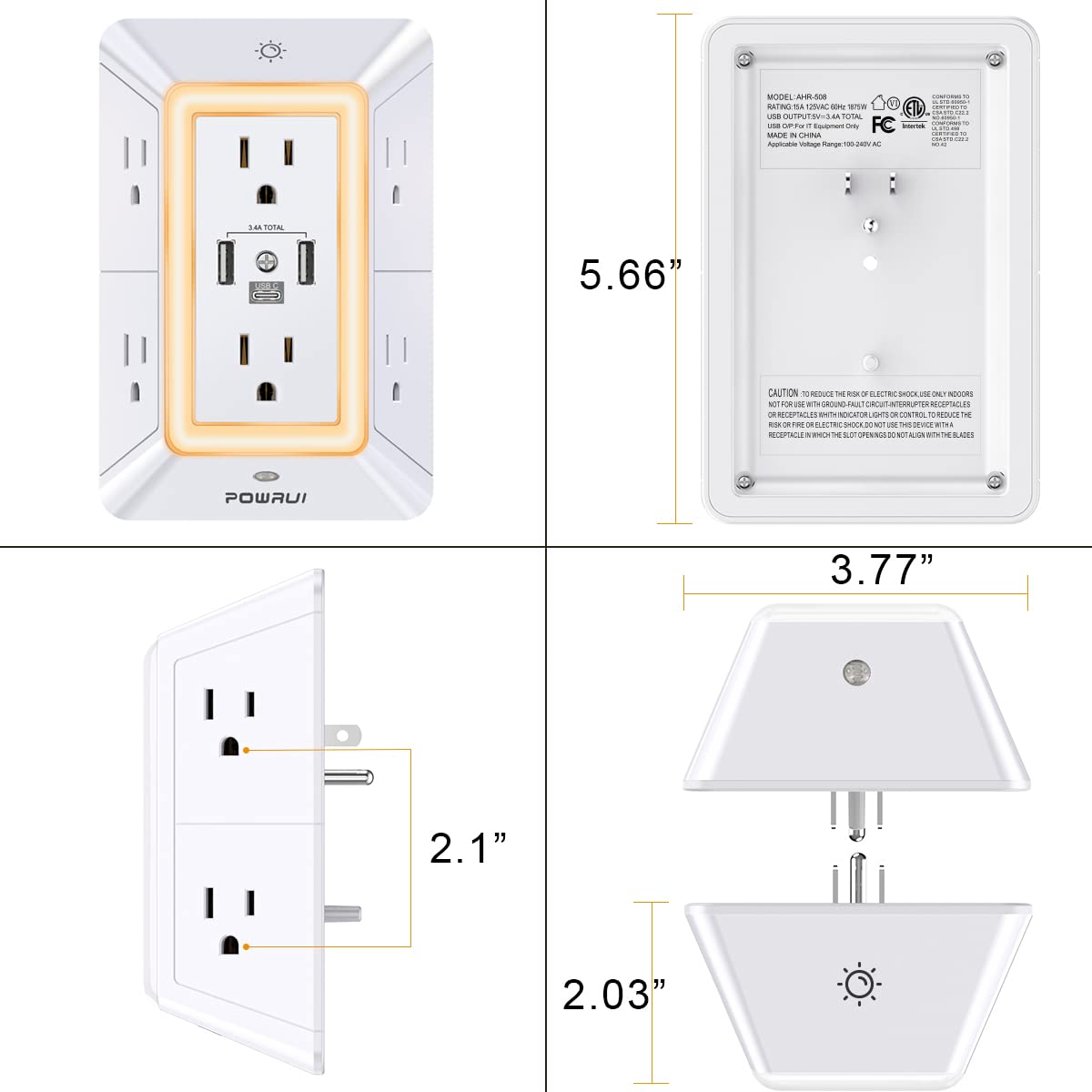 Multi Plug Outlet Surge Protector - POWRUI 6 Outlet Extender with 3 USB Ports (1 USB C) and Night Light, 3-Sided Power Strip with Adapter Spaced Outlets - White, ETL Listed