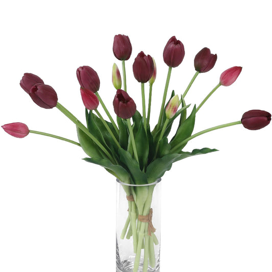 LINSIE 15 Pcs Deep Purple Artificial Flowers Tulips Real Touch Latex Plastic Soft Faux Bouquets for Party, Wedding, Home, Room, Garden Decor