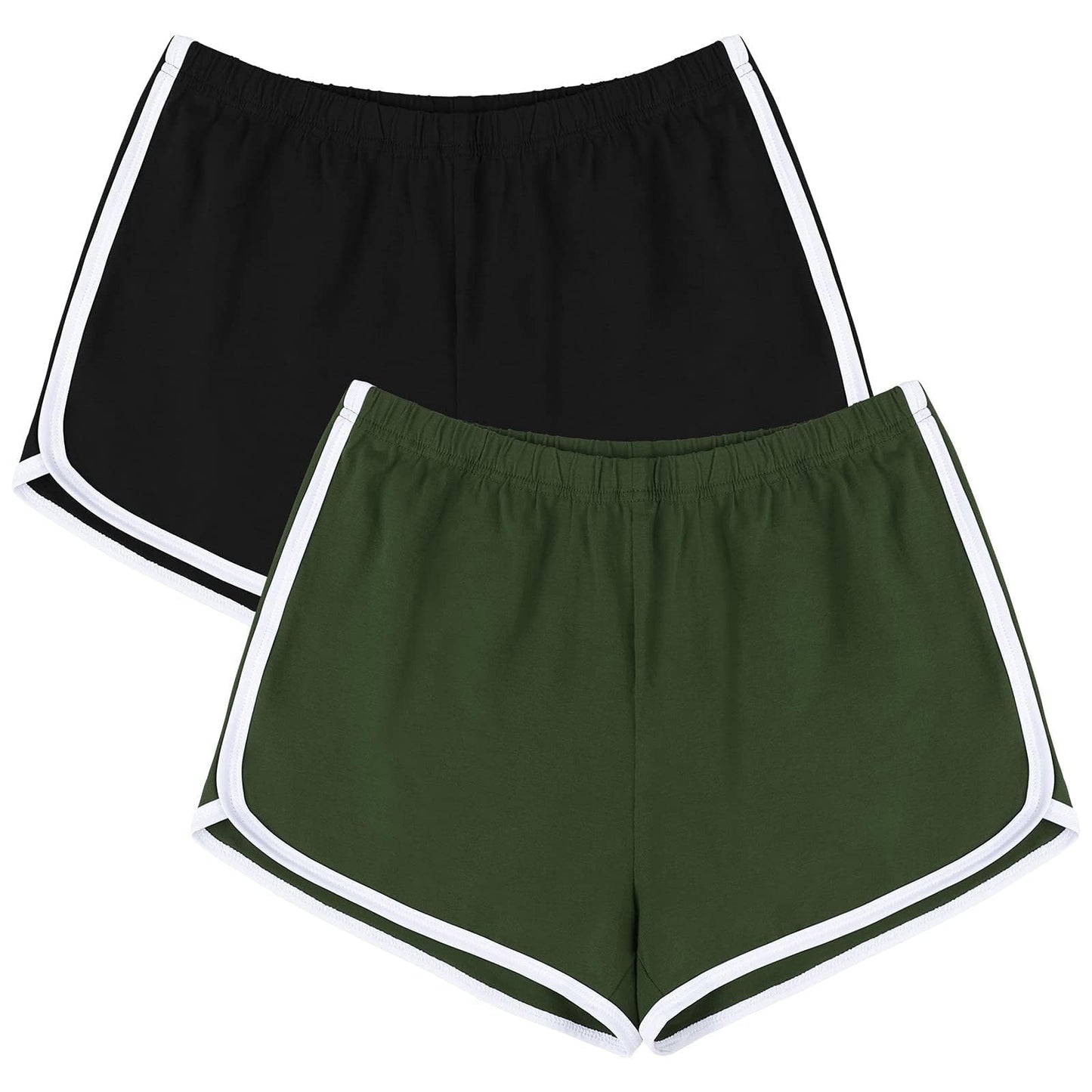 URATOT Women's Cotton Shorts Gym Shorts Yoga Shorts Summer Running Active Shorts Dance Elastic Shorts, Pack of 2 Black, Army Green