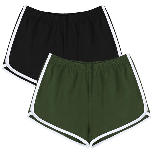 URATOT Women's Cotton Shorts Gym Shorts Yoga Shorts Summer Running Active Shorts Dance Elastic Shorts, Pack of 2 Black, Army Green
