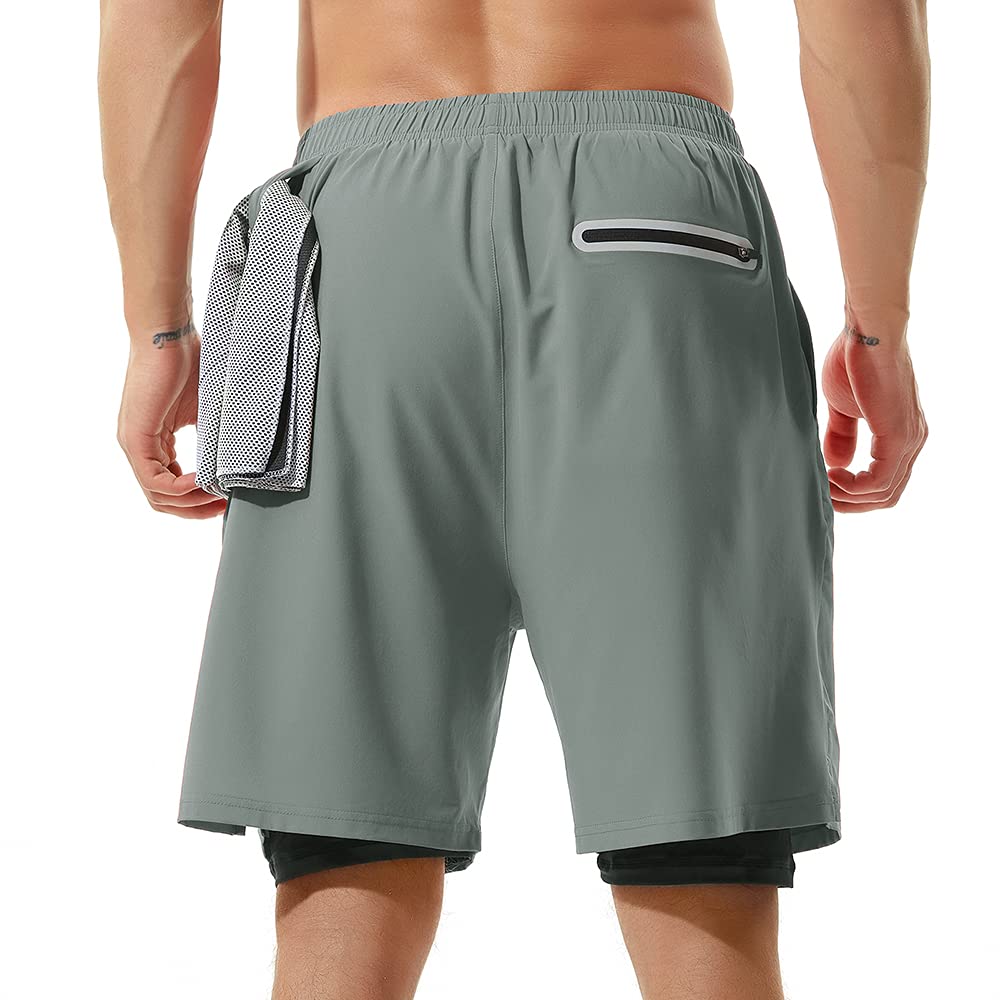 TENJOY Men's 2 in 1 Running Shorts 7" Quick Dry Gym Athletic Workout Shorts for Men with Phone Pockets Arona Blue