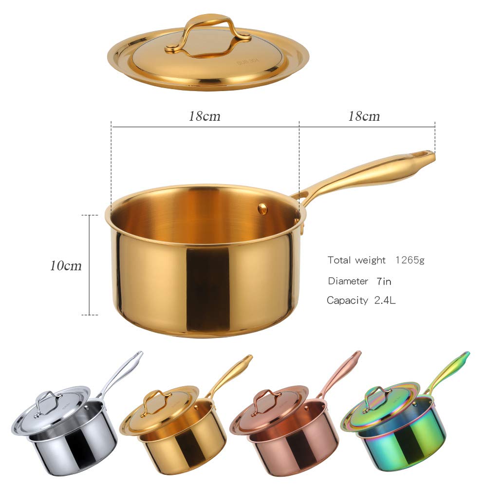 BuyGo 18/8 Stainless Steel Saucepan, 2.5 Quart Rainbow Pan with Heat Resistant Long Handle, 3-Layer Multipurpose Cookware Pot, Compatible Stovetops: Gas, Electric, Dishwasher Safe