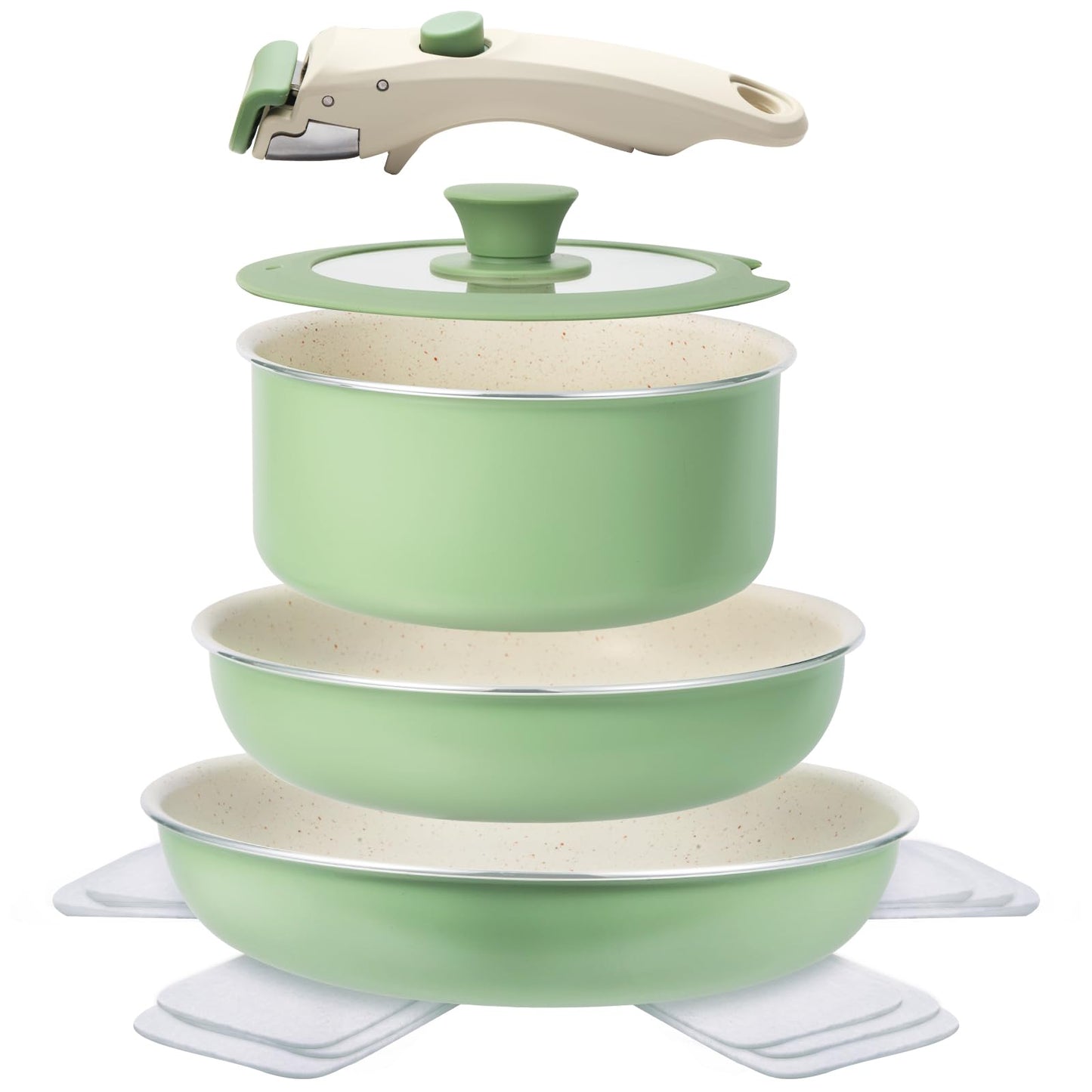 M MELENTA Pots and Pans Set Non Stick, 8pcs Granite Cookware Set, Detachable Handle Pots and Pans, Nonstick Induction Cookware with Removable Handle, Oven Safe RV Cooking Set, Green