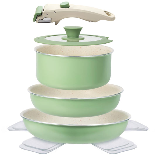 M MELENTA Pots and Pans Set Non Stick, 8pcs Granite Cookware Set, Detachable Handle Pots and Pans, Nonstick Induction Cookware with Removable Handle, Oven Safe RV Cooking Set, Green