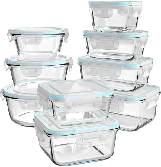 AILTEC Glass Food Storage Containers with Lids, [18 Piece] Glass Meal Prep Containers, Containers for Food Storage with Lids, BPA Free & Leak Proof (9 Lid & 9 Container)