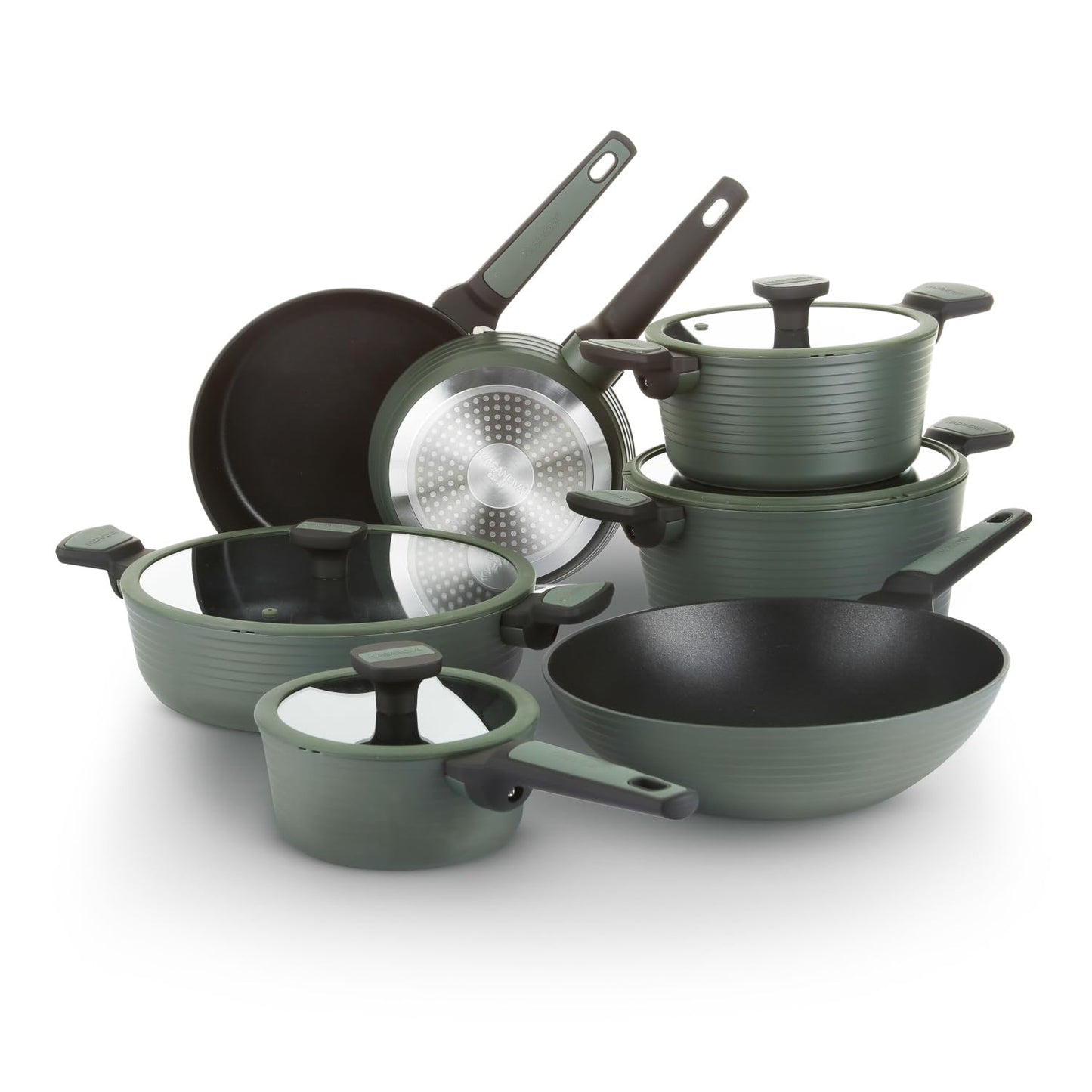 KASANOVA 11 Pcs Pots and Pans set Nonstick, Induction cookware, Pans for cooking with glass lids, Frying Pans & Casseroles, PFOA free (Green)