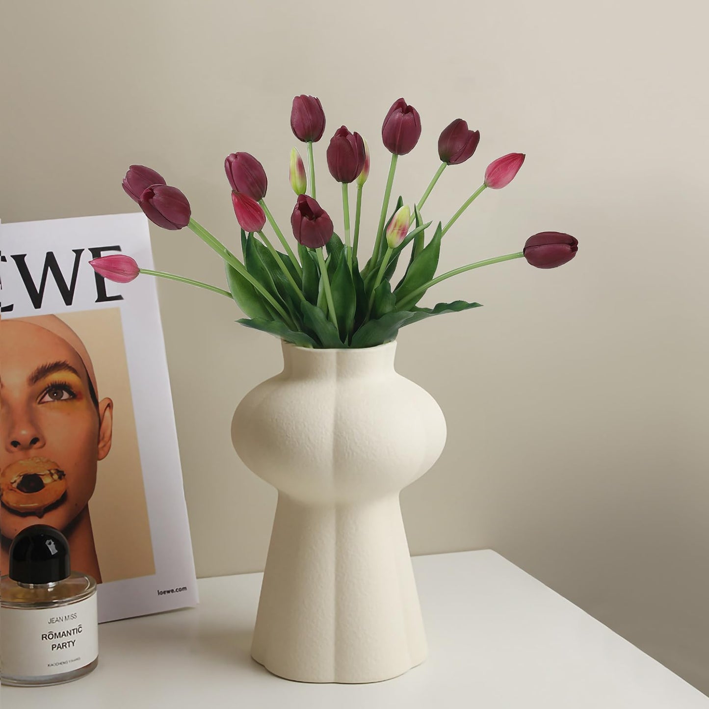 LINSIE 15 Pcs Deep Purple Artificial Flowers Tulips Real Touch Latex Plastic Soft Faux Bouquets for Party, Wedding, Home, Room, Garden Decor