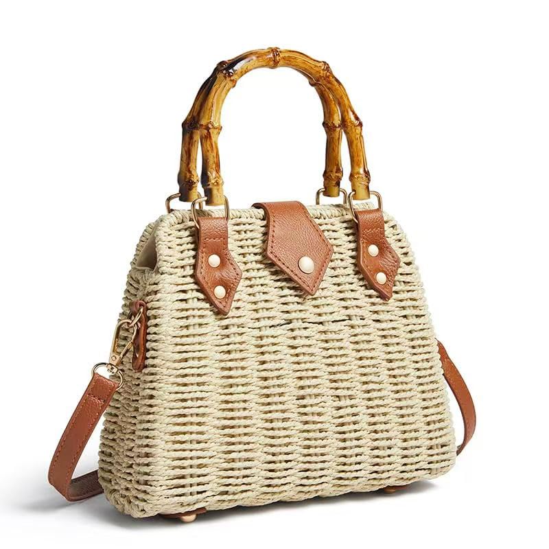 Woven Straw Handbag Beach Bag with Bamboo Handle, Brown Leather Trim, Crossbody and Adjustable Strap, Natural (beige)