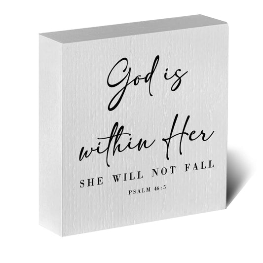 God is within Her Bible Verse Artwork Wood Box Sign Rustic Farmhouse Style Psalm 46 : 5 Christian Wood Block Plaque 5 X 5 Inches Home Office Desk Sign Decor for Presents
