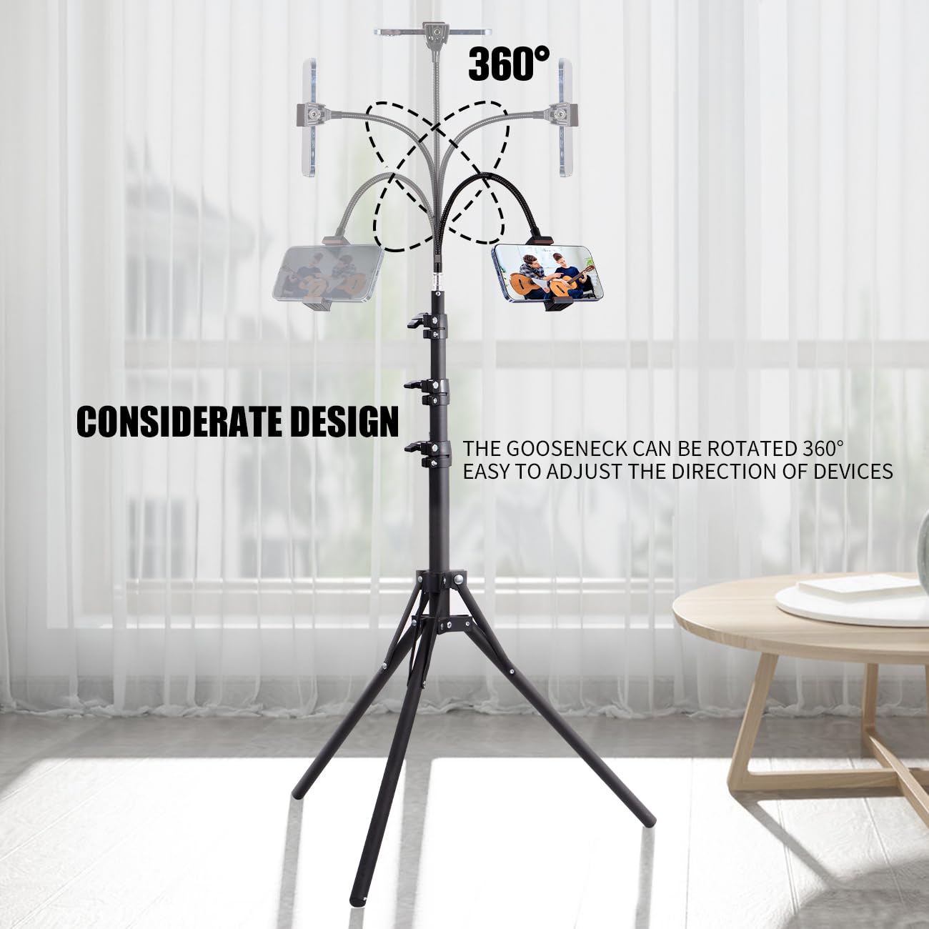 Phone Tripod, 6.75 FT Tall Phone Tripod Stand with Flexible Gooseneck, Overhead 360°Adjustable Tripod with Phone Holder, Compatible with iPhone 16 Pro Max/Plus/16/15/14 for Video Recording