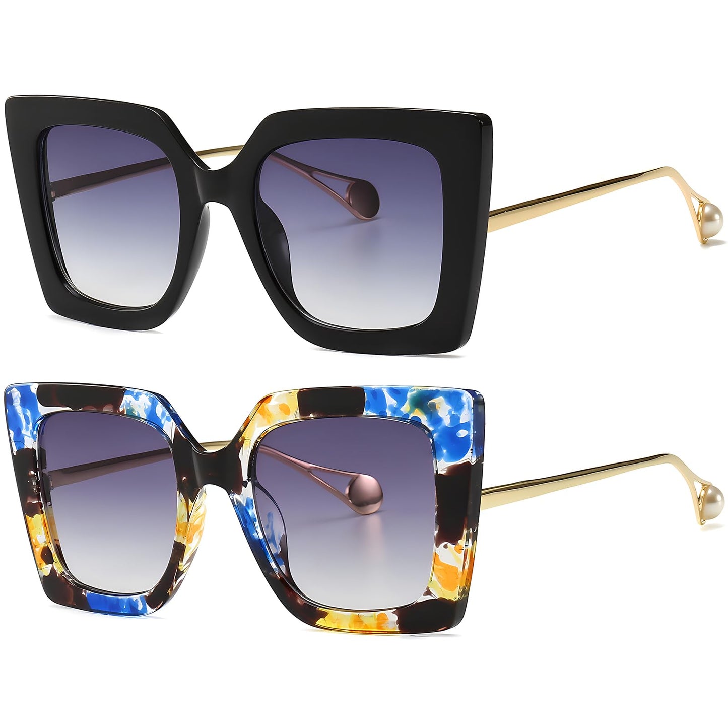 AIEYEZO Fashion Sunglasses for Women Trendy Square Frame Sunglasses UV400 Protection Shades (Black + Flower)