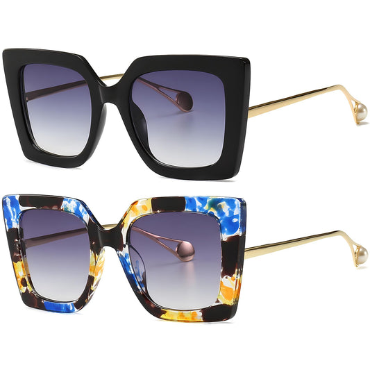 AIEYEZO Fashion Sunglasses for Women Trendy Square Frame Sunglasses UV400 Protection Shades (Black + Flower)