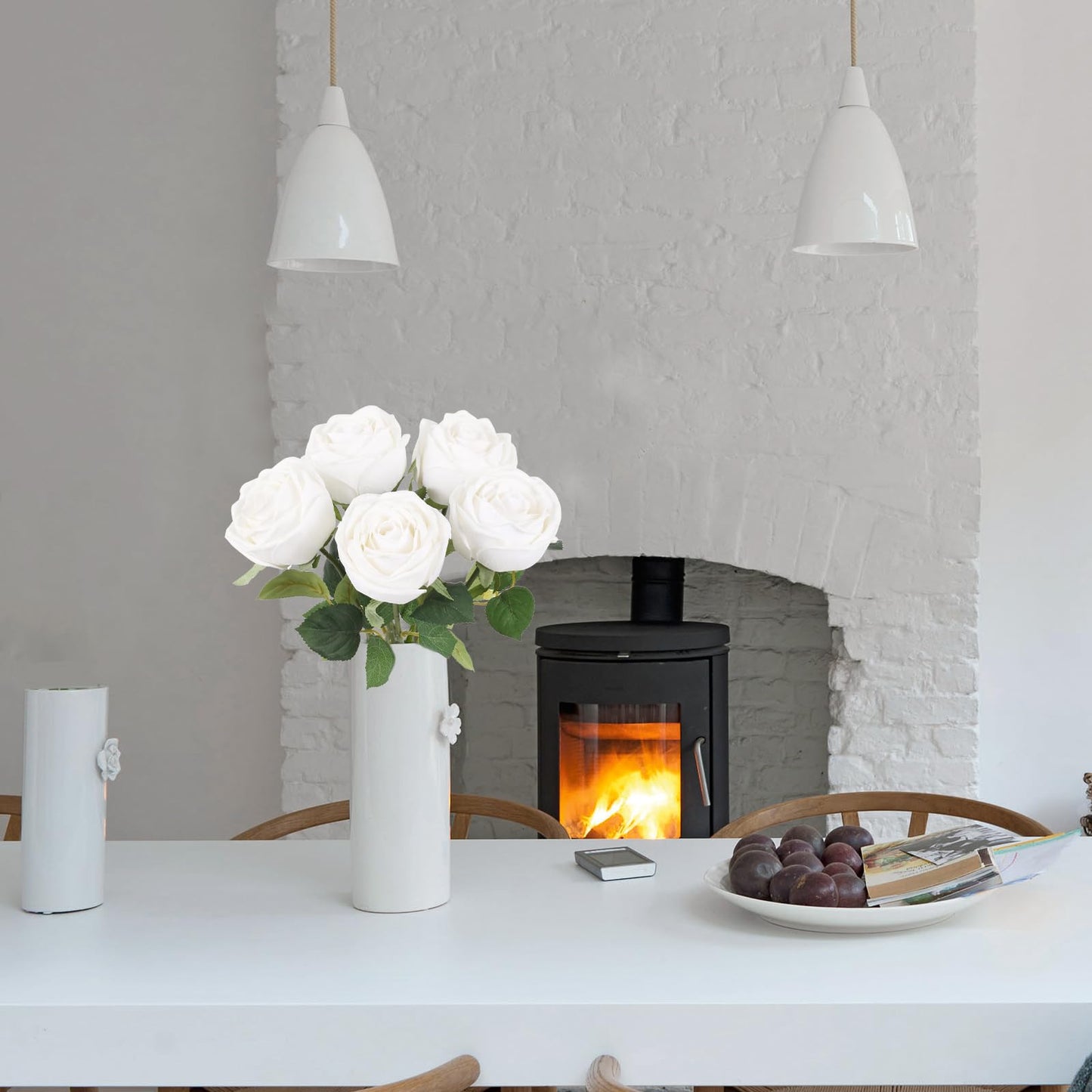 Uznaeoi 5PCS White Roses Artificial Flowers 17.3’’Real Touch Flowers Fake Rose Bouquet with Stems for Wedding Home Party Centerpieces Decoration(White)