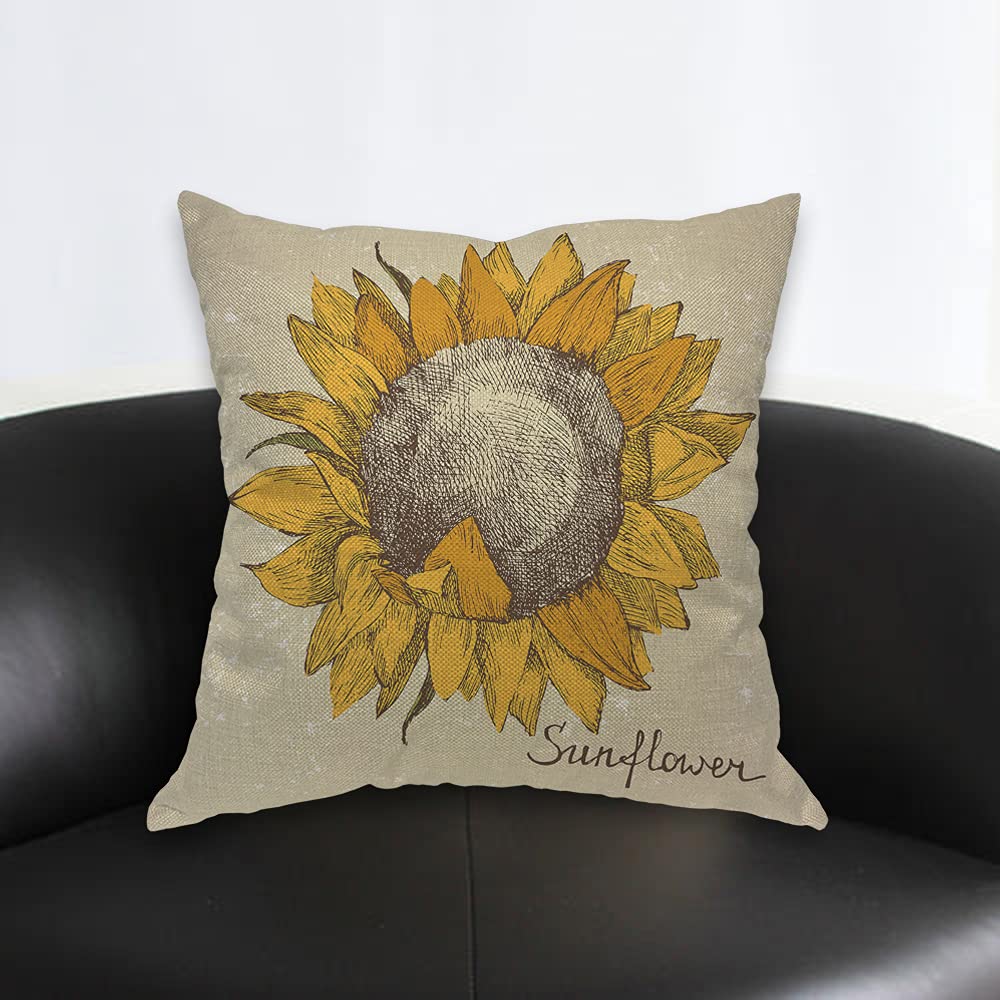 AOYEGO Sunflower in Retro Style Throw Pillow Cover Isolated Grid Floral Sketch Nature Plant Pillow Case 18x18 Inch Square Cushion Cotton Linen Decorative for Couch Bed Home