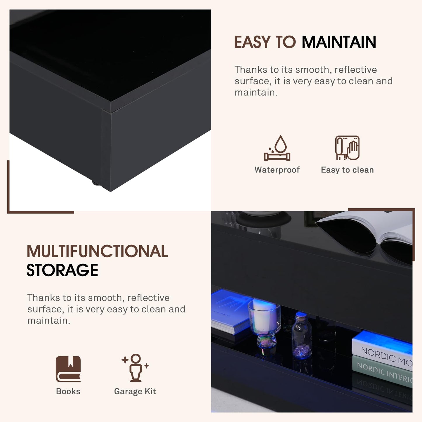 OC Orange-Casual LED Coffee Table with Storage, High Glossy Center Table with 2 Sliding Drawers, Modern Stylish Rectangle Coffee Table Double Layer with Open Display Shelf for Living Room (Black)