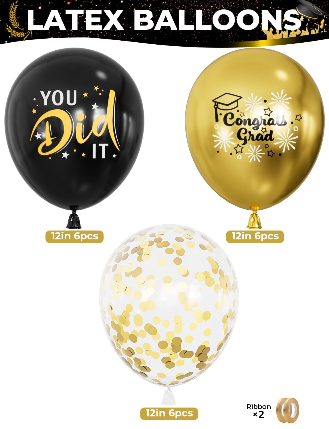 Graduation Balloons, Congrats Grad Balloons 12 Inch Black and Gold Balloon Class of 2025 Gold Confetti Latex Balloon for College High School Happy Graduation Party Decorations Supplies (18Pcs)