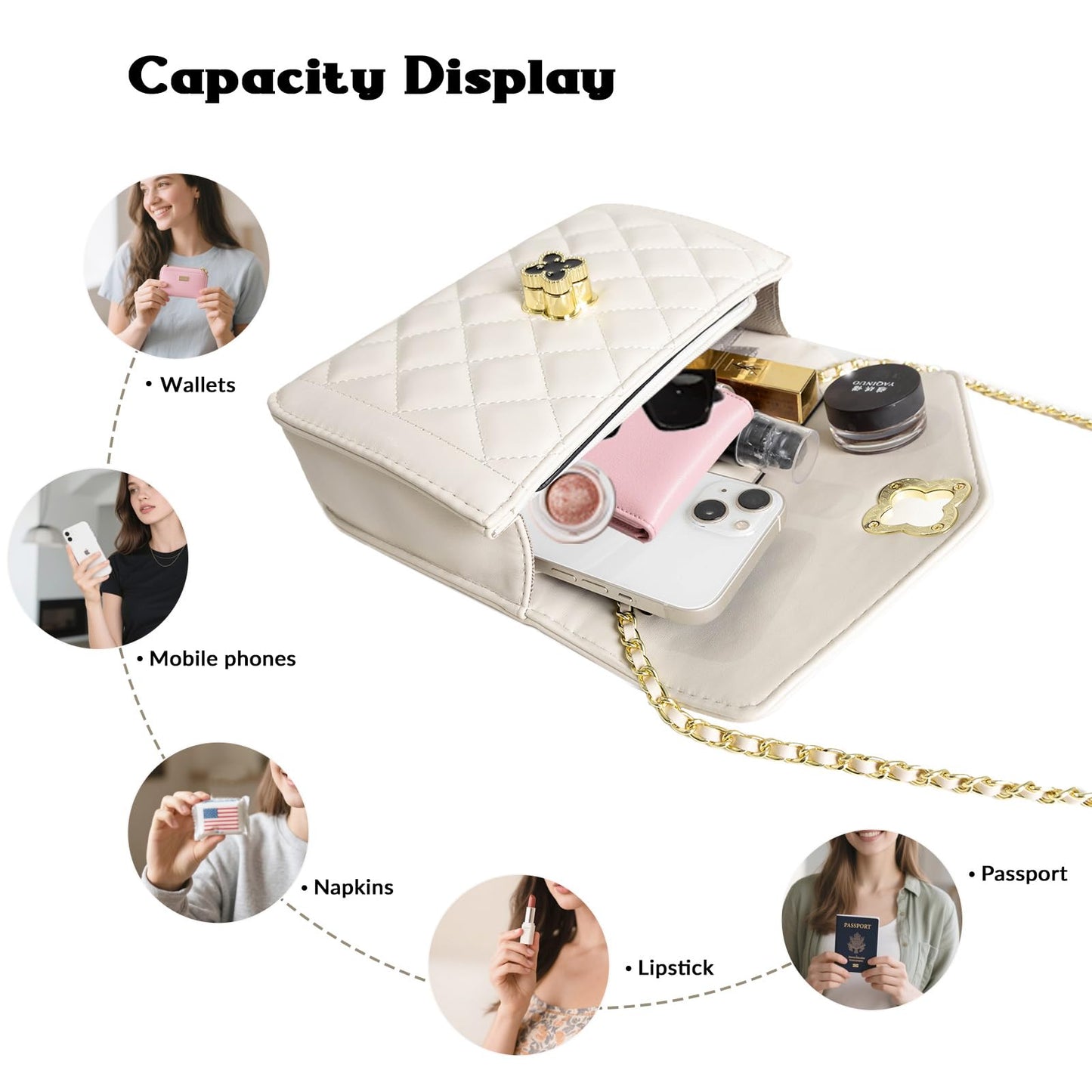 ZWI-player Quilted Leather Crossbody Bags for Women Trendy Ladies Shoulder Purse Satchel HandBag with Chain Strap (White)