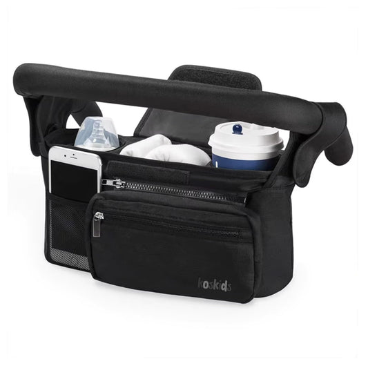 Koskids Universal Stroller Organizer with Insulated Cup Holder, Detachable Phone Bag and Shoulder Strap, Cozy Nest Stroller Caddy Organizer Fits for All Stroller Types (Black)