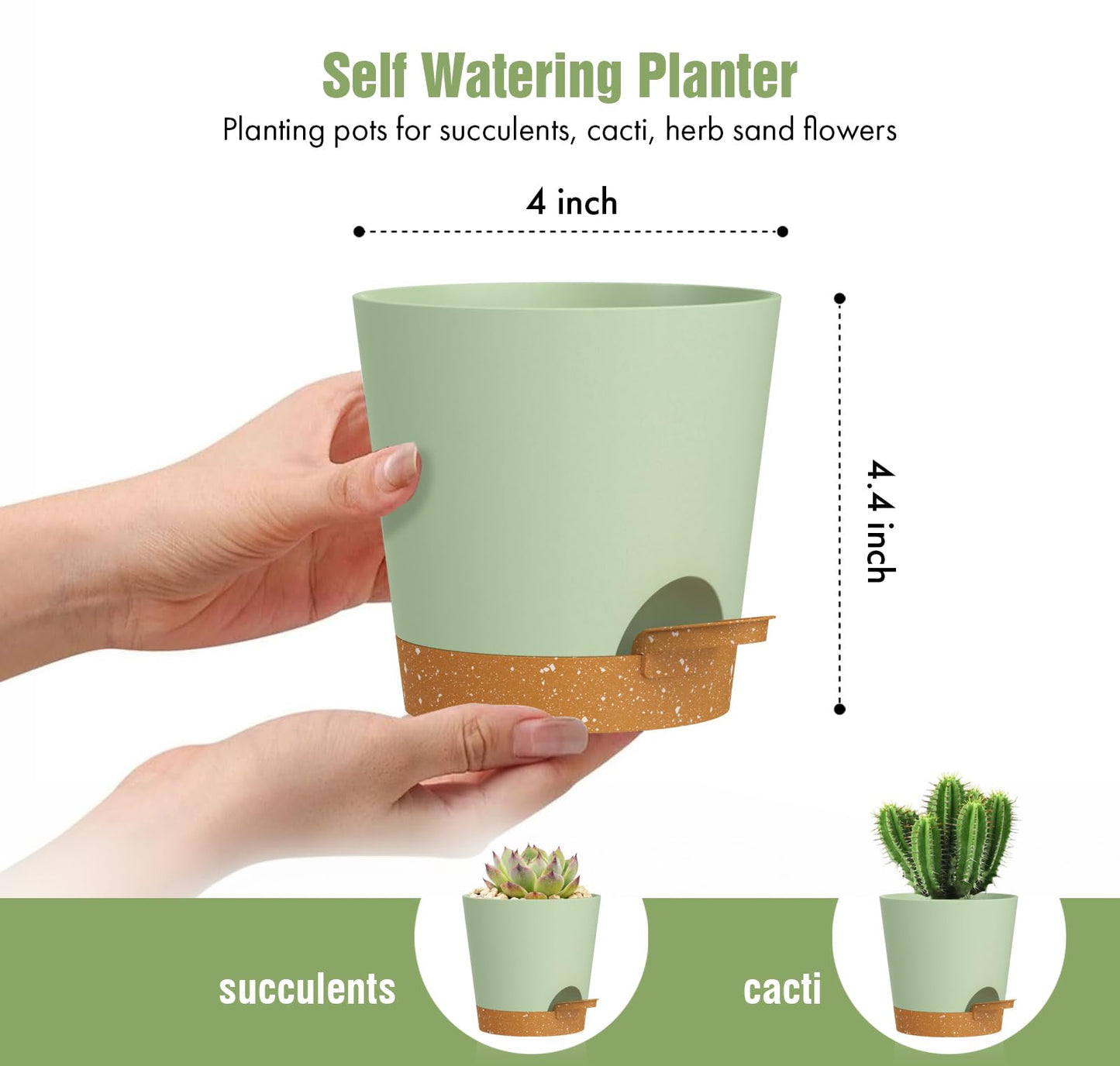 WSMKSZ 4 inch Self Watering Pots for Indoor Outdoor Plants, 6 Pack Plastic Flower Planters with Drainage Holes and Removable Saucers, Plant Pots with Wicking Rope, Modern Decor, Green Brown