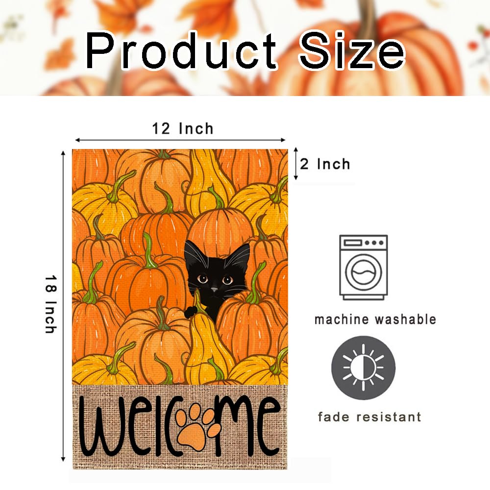 RABUSOFA Fall Garden Flag Double Sided Outside,Black Cat Pumpkins Autumn Welcome Seasonal Thanksgiving Holiday Yard Outdoor Flag
