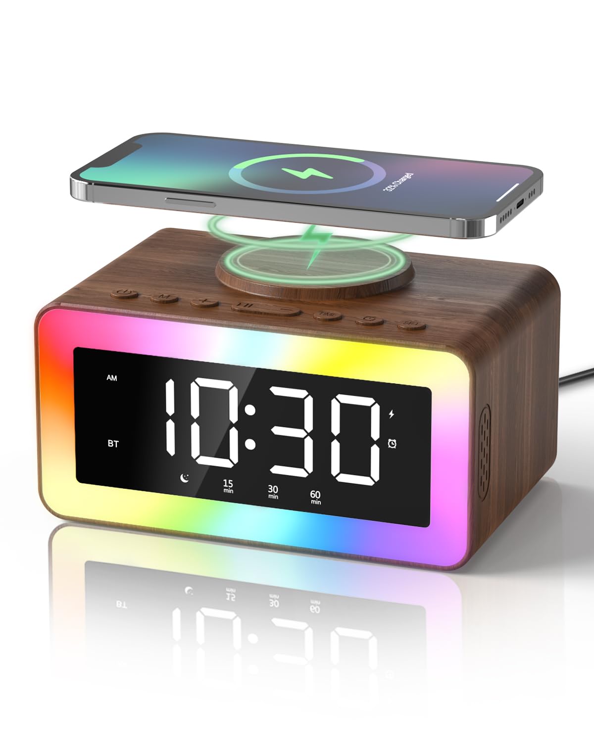 Alarm Clock with Wireless Charging, White/Brown Noise Sound Machine, Bluetooth Speaker Night Light, Wooden Digital Alarm Clocks for Bedrooms,Wireless Charger for iPhone, Birthday Gifts for Men Women