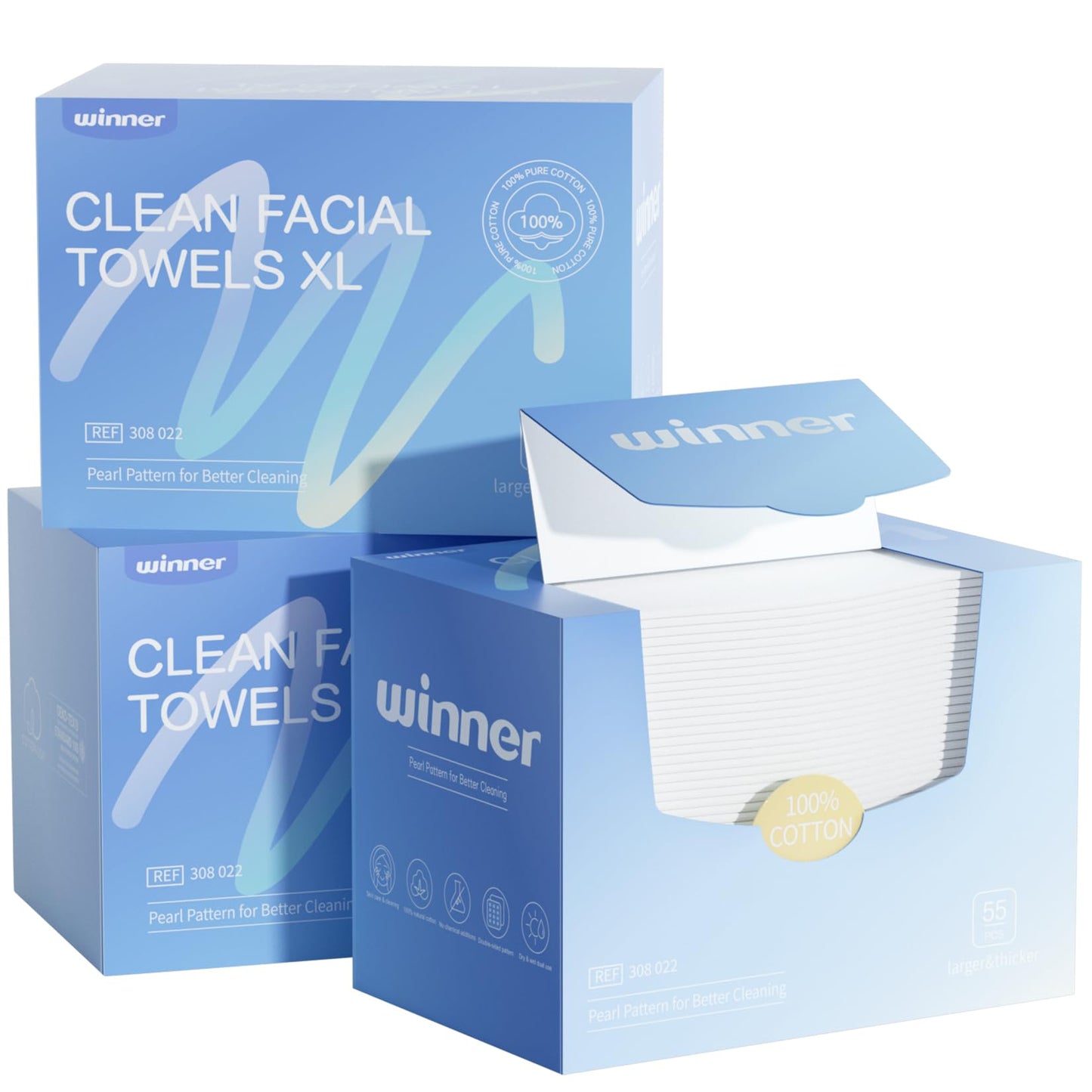 Winner Cotton Face Towels, 100% USDA Biobased Facial Towelettes, Disposable Face Towel XL, Odor-Free, Ultra Soft Makeup Remover Wipes for Sensitive Skin, Biodegradable, 55 Count, 1 Pack
