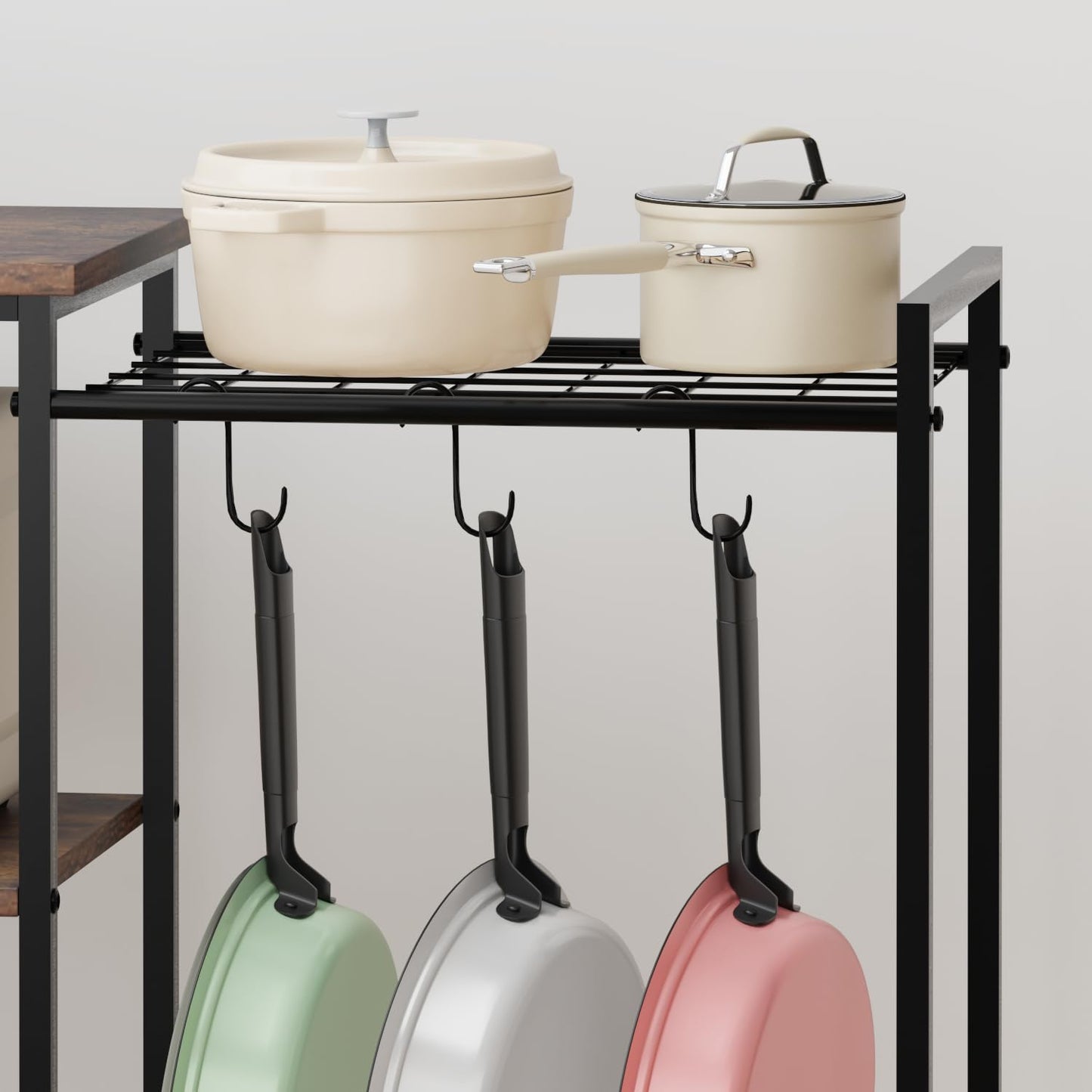 INHABIT UNION Kitchen Stand with Pots Rack Microwave Oven Stand with Storage, Small Bakers Rack Stand with 3 Hooks, Coffee Bar Table with Storage for Spices,Pots,Utensils,Pans,Foods,Rustic Brown