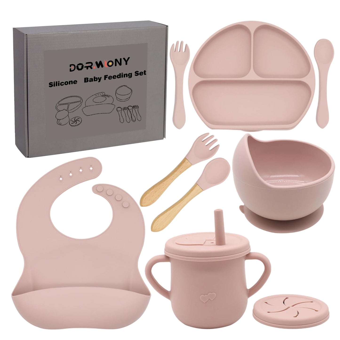 Dormlony 100% Silicone Baby Feeding Set,BPA Free Baby Dishes Set with Suction Bowl Divided Plate,Toddler Self Feeding Dish Set with Spoons Forks Sippy Cup and Bib, Baby Eating Utensils (Pink)