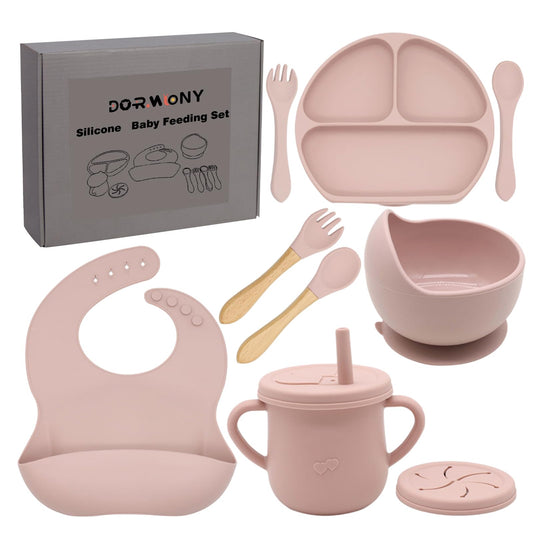 Dormlony 100% Silicone Baby Feeding Set,BPA Free Baby Dishes Set with Suction Bowl Divided Plate,Toddler Self Feeding Dish Set with Spoons Forks Sippy Cup and Bib, Baby Eating Utensils (Pink)