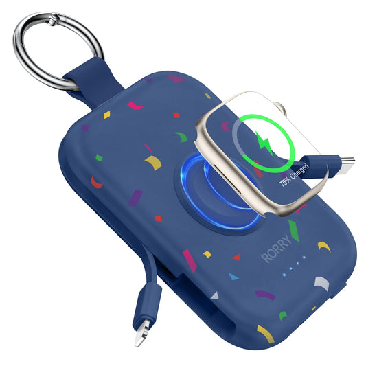 RORRY Portable Charger, 5000mAh Portable Charger Power Bank with Built-in Cables, Travel Keychain Battery Pack for Apple Watch Ultra 2/10/9/8/Ultra/7/6/SE/5, iPhone 16/15/14/13/12, Confetti-Deepblue