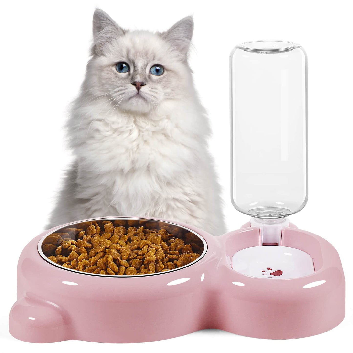 Dog Bowls, Cat Food and Water Bowl Set with Water Dispenser and Stainless Steel Bowl for Cats and Small Dogs - Pink