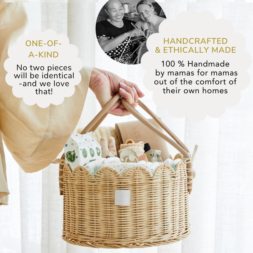 BEBE BASK Premium Baby Diaper Caddy Organizer - Handmade & Award-Winning Scalloped Rattan Basket - Luxury Diaper Caddy Basket - Elegant Scalloped Edge (Natural)