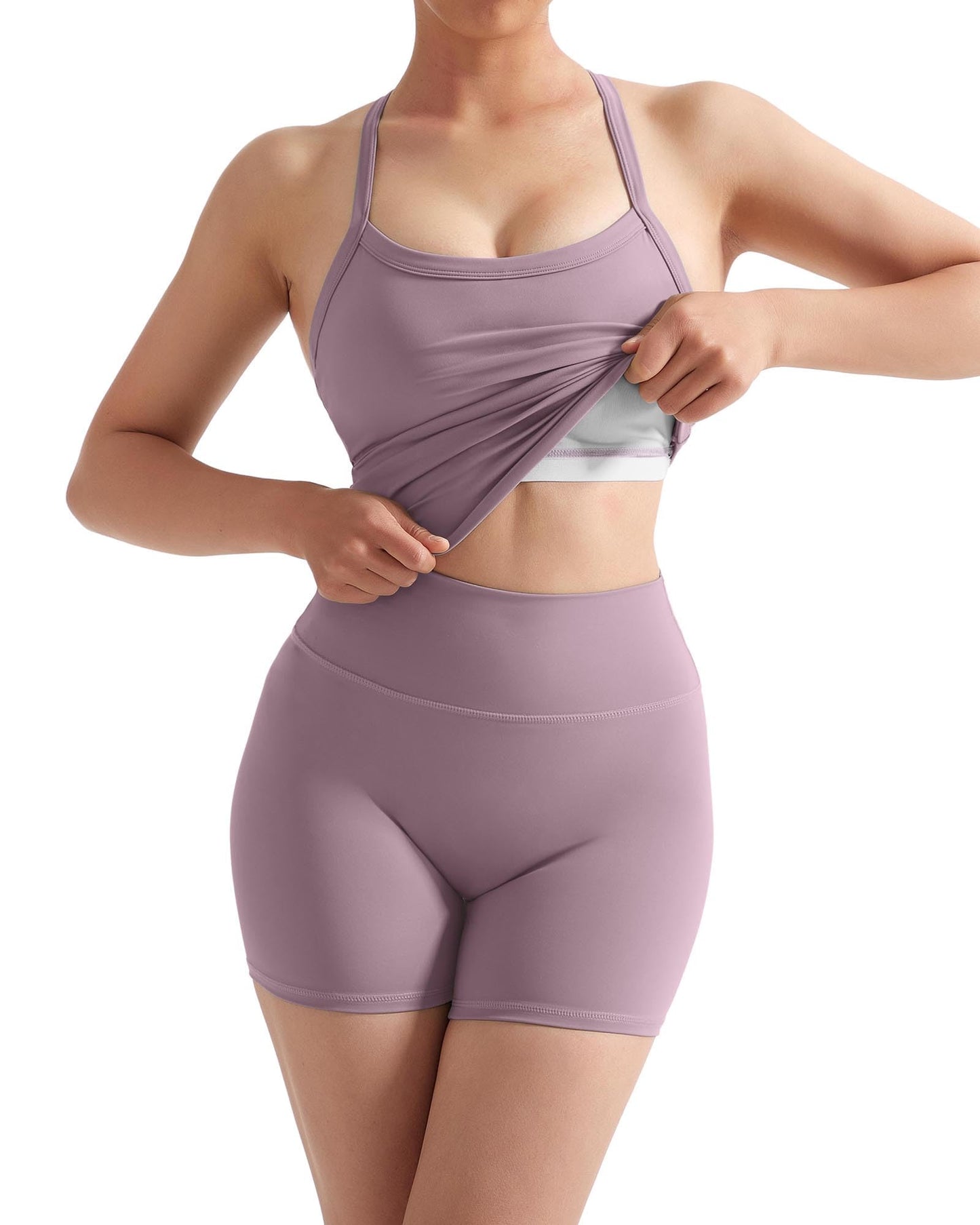 SUUKSESS Women 2 Piece Workout Sets High Waisted Tummy Control Biker Shorts Halter Padded Tank Tops Racerback Sports Bras (Hemp Pink, M)