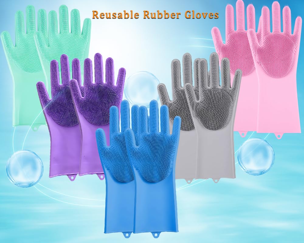 PEOKPIPLE 5 pairs Silicone Dishwashing & Pet Grooming Gloves - 2-in-1 Heat Resistant Gloves with High-Density Teeth, Enhanced Five Finger Design for Bathing, Cleaning Dishes, Cars, Dogs & Cats