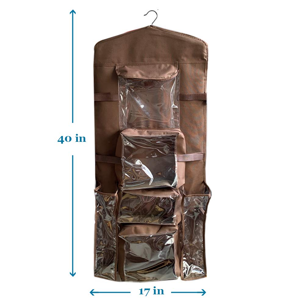 ProPik Hanging Double Sided Wrapping Paper Storage Organizer with Multiple Pockets, Organize your Gift Wrap, Gift Bags, Bows, Ribbons 40"X17" Fits 40 Inch Rolls Clear PVC Bag (Brown)