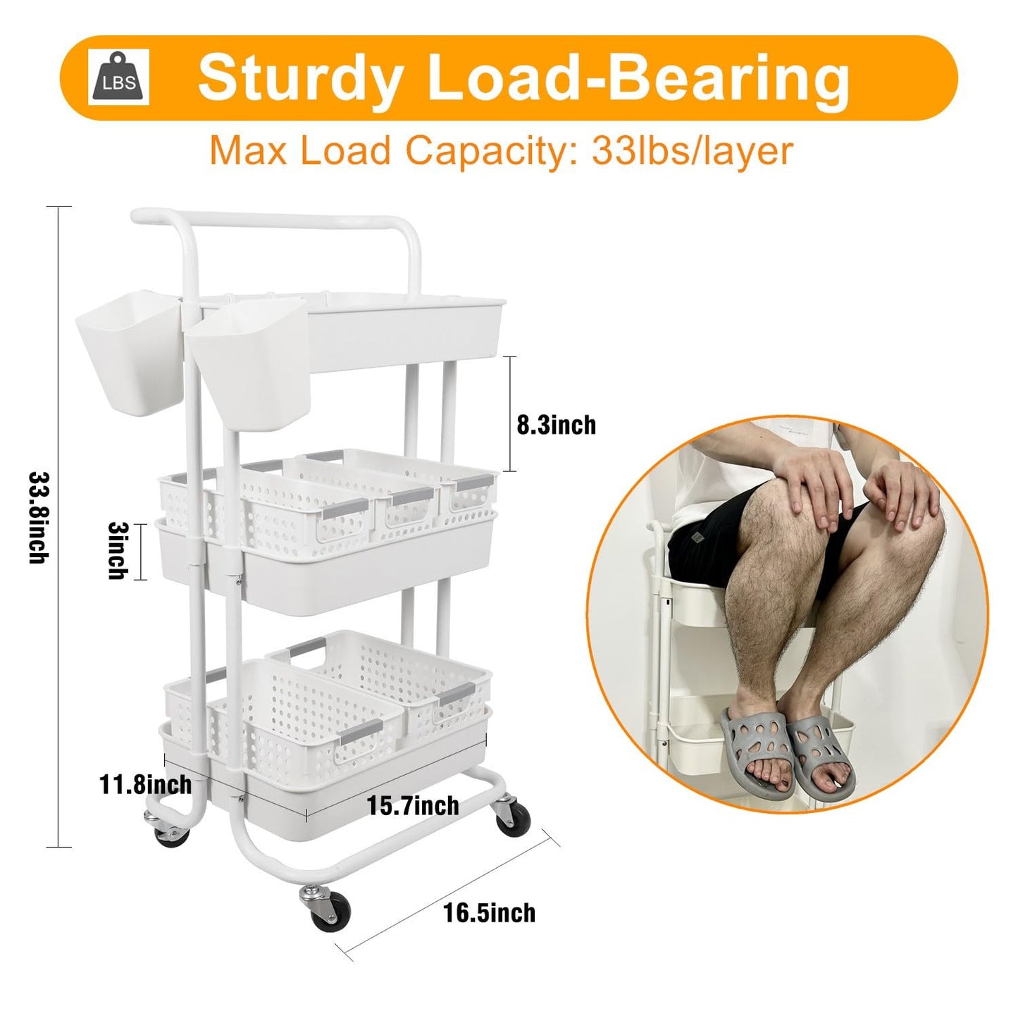 Baby Diaper Caddy Organizer Cart, 3-Tier Sturdy Movable Rolling Cart with Baskets and Hanging Cups, Large Capacity Newborn Nursery Essentials Diaper Storage for Changing Table & Crib, Easy to Assemble