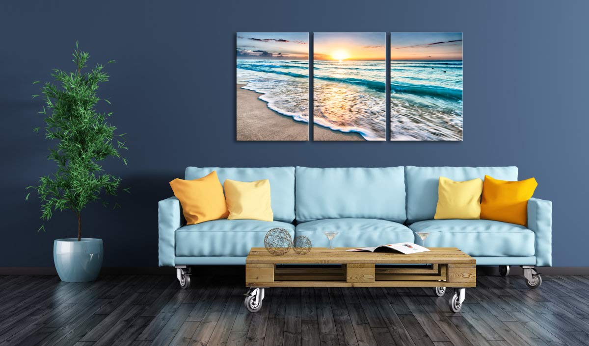 Wieco Art 3 Panels Blue Beach Sunrise White Wave Pictures on Canvas Wall Art Modern Stretched Seascape Canvas Prints Seaview Artwork for Home Office Decorations