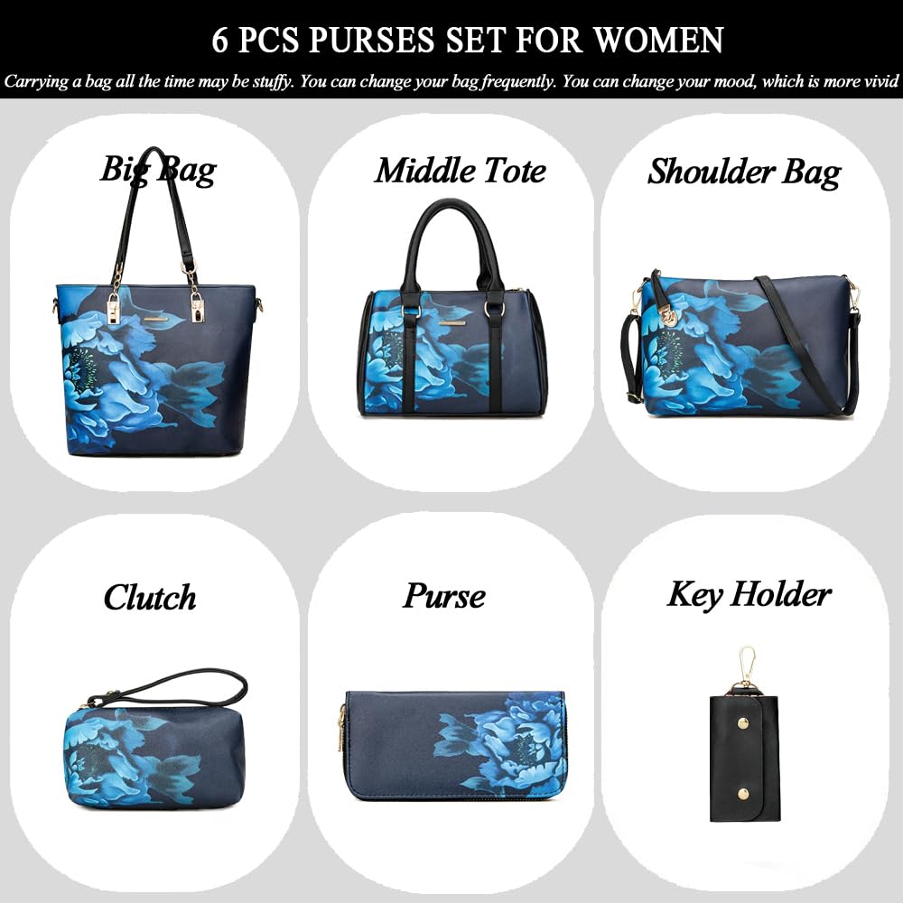 2E-youth Women Designer Purses And Handbags Set Satchel Shoulder Bags Tote Bags 6pcs Wallets (black&blue)