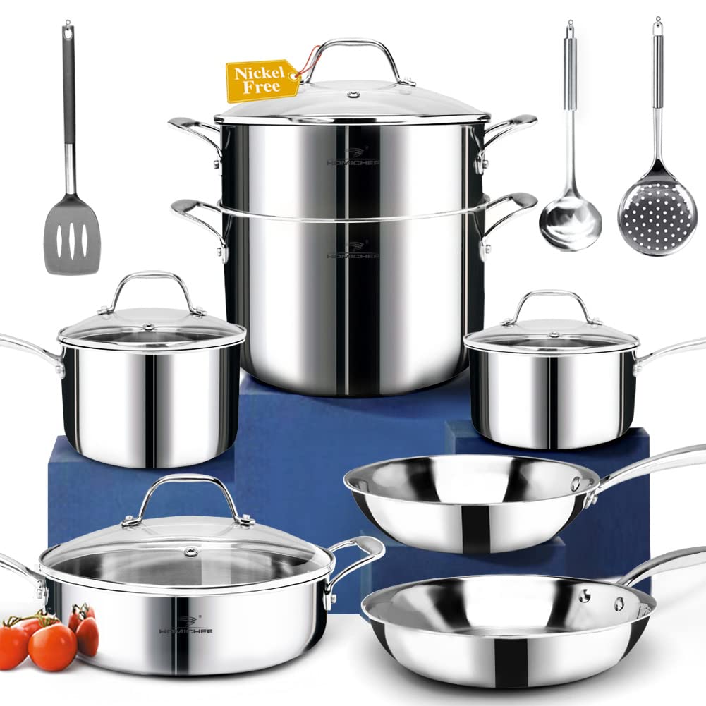 HOMICHEF 14-Piece Nickel Free Stainless Steel Cookware Set Whole-Clad 3-Ply - Mirror Polished Pots And Pans Set - Healthy Cookware Set With Steamer - Non-Toxic Induction Cookware Sets