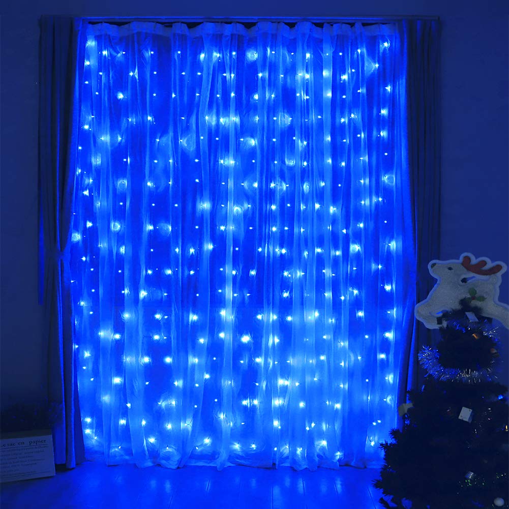 HEYFUNi Curtain Lights,304L 9.8ftX9.8ft 30V 8Modes Safety Window Lights with Memory for Home Wedding Christmas Party Patio Lawn Garden Bedroom Outdoor Indoor Wall Decorations (304LED, Blue) 1