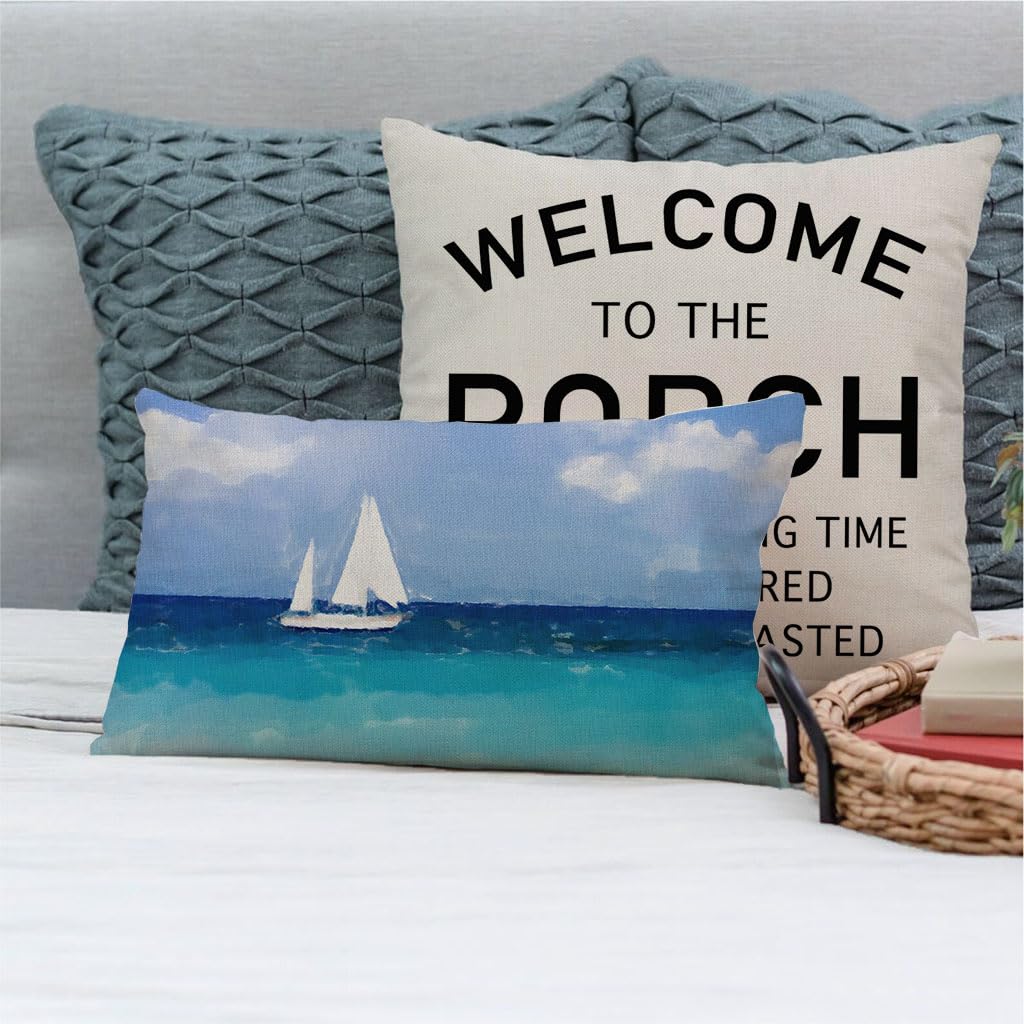 PANDICORN Summer Beach Throw Pillow Covers 12x20 Inch Sea Ocean Sailboat Nautical Coastal Blue Outdoor Decorations Lumbar Decorative Throw Pillows Cases for Beach House Home Living Room Couch Decor
