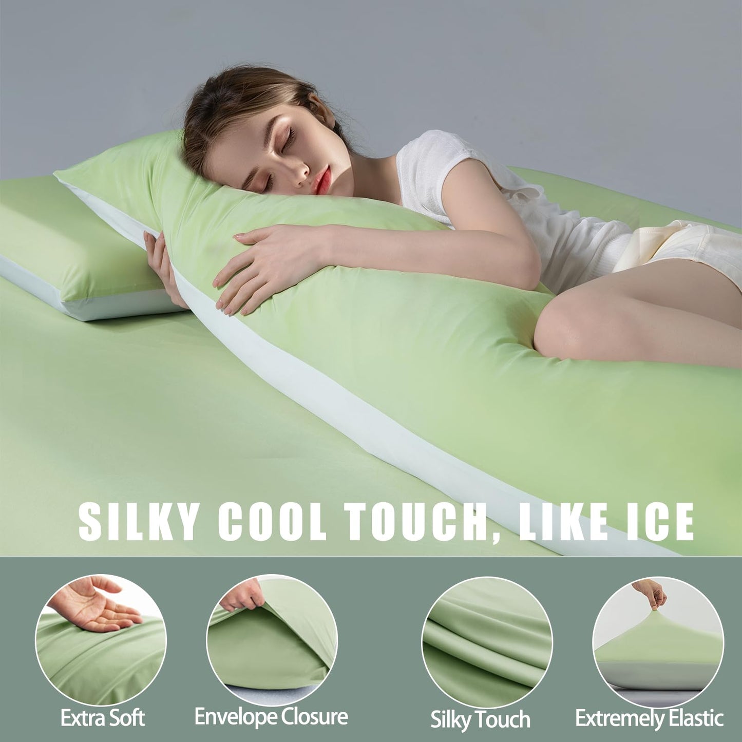 TELUS Cooling Body Pillow Case, Silky Soft Breathable Pillowcase with Envelope Close, Stay Cool All Night Pillow Cover for Hot Sleepers and Night Sweats, 20x54 Inch, Green